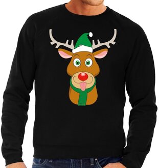 Bellatio Decorations Foute kersttrui zwart met Ruldolf het rendier met groene muts voor heren 2XL (56) - kerst truien