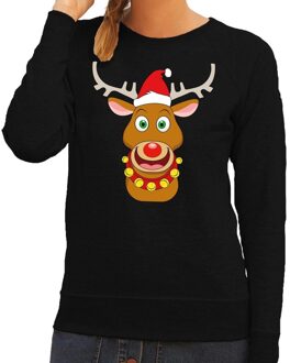 Bellatio Decorations Foute kersttrui zwart met Ruldolf het rendier met rode muts voor dames 2XL (44) - kerst truien