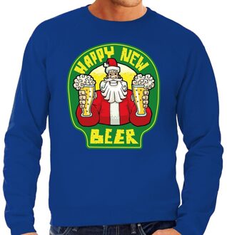 Bellatio Decorations Foute oud en nieuw trui / kersttrui happy new beer / bier blauw voor heren 2XL (56) - kerst truien