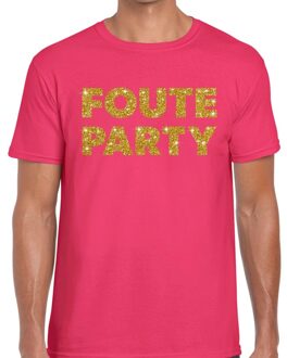 Bellatio Decorations Foute Party gouden glitter tekst t-shirt roze heren - Foute party kleding