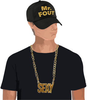Bellatio Decorations Foute party Mr. FOUT verkleed set - petje - zwart/goud - voor heren - en een gouden sexy ketting