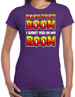 Bellatio Decorations Foute party t-shirt dames - Boom boom boom i want you in my room - paars -carnaval XS