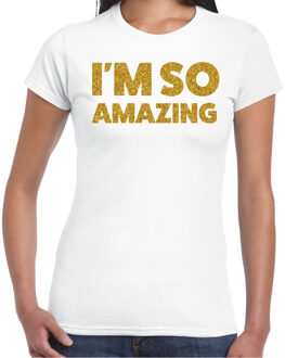 Bellatio Decorations Foute party t-shirt dames - I am so amazing - wit - glitter goud - carnaval/themafeest M