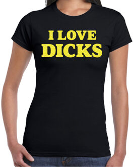 Bellatio Decorations Foute party t-shirt dames - I love dicks - zwart - glitter geel - carnaval/themafeest 2XL