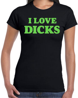 Bellatio Decorations Foute party t-shirt dames - I love dicks - zwart - glitter groen - carnaval/themafeest 2XL