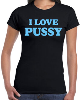 Bellatio Decorations Foute party t-shirt dames - I love pussy - zwart - glitter blauw - carnaval/themafeest XL