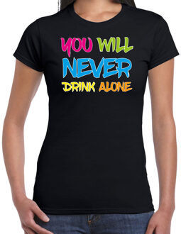 Bellatio Decorations Foute party t-shirt dames - you will never drink alone - zwart -carnaval XS