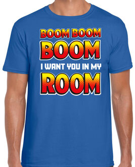 Bellatio Decorations Foute party t-shirt heren - Boom boom boom i want you in my room - blauw -carnaval 2XL