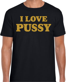 Bellatio Decorations Foute party t-shirt heren - I love Pussy - zwart - glitter goud 2XL