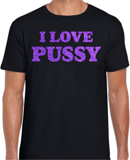 Bellatio Decorations Foute party t-shirt heren - I love Pussy - zwart - glitter paars 2XL