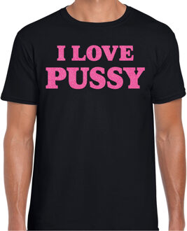 Bellatio Decorations Foute party t-shirt heren - I love Pussy - zwart - glitter roze 2XL