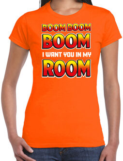 Bellatio Decorations Foute party t-shirt voor dames - Boom boom boom i want you in my room - oranje - carnaval/themafeest L
