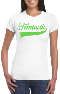 Bellatio Decorations Foute party t-shirt voor dames - Femtastic - wit - glitter - carnaval/themafeest L