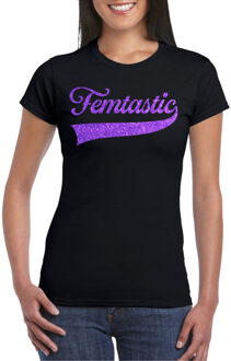 Bellatio Decorations Foute party t-shirt voor dames - Femtastic - zwart - glitter - carnaval/themafeest XS