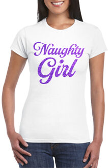 Bellatio Decorations Foute party t-shirt voor dames - Naughty Girl - wit - glitter - carnaval/themafeest XL