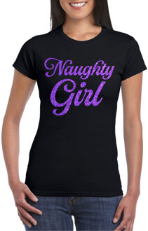 Bellatio Decorations Foute party t-shirt voor dames - Naughty Girl - zwart - glitter - carnaval/themafeest XS