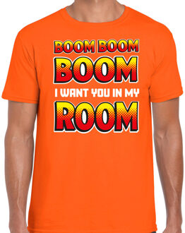 Bellatio Decorations Foute party t-shirt voor heren - Boom boom boom i want you in my room - oranje - carnaval/themafeest XL