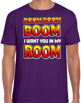 Bellatio Decorations Foute party t-shirt voor heren - Boom boom boom i want you in my room - paars - carnaval/themafeest M