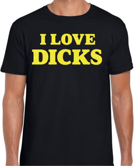 Bellatio Decorations Foute party t-shirt voor heren - I love Dicks - zwart - glitter geel - carnaval/themafeest 2XL