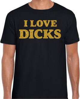 Bellatio Decorations Foute party t-shirt voor heren - I love Dicks - zwart - glitter goud - carnaval/themafeest 2XL