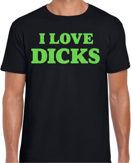 Bellatio Decorations Foute party t-shirt voor heren - I love Dicks - zwart - glitter groen - carnaval/themafeest L