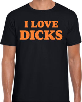 Bellatio Decorations Foute party t-shirt voor heren - I love Dicks - zwart - glitter oranje - carnaval/themafeest 2XL