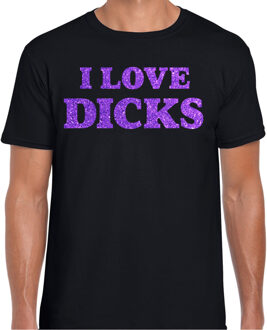 Bellatio Decorations Foute party t-shirt voor heren - I love Dicks - zwart - glitter paars - carnaval/themafeest 2XL