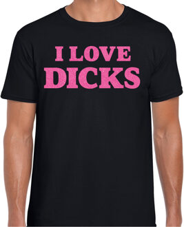 Bellatio Decorations Foute party t-shirt voor heren - I love Dicks - zwart - glitter roze - carnaval/themafeest 2XL