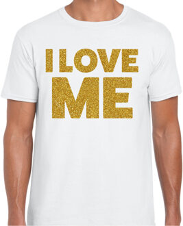 Bellatio Decorations Foute party t-shirt voor heren - I love me - wit - glitter goud - carnaval/themafeest