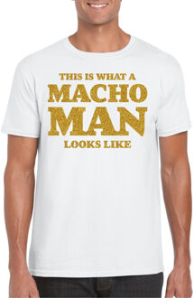 Bellatio Decorations Foute party t-shirt voor heren - macho man - wit - glitter goud - carnaval/themafeest Goudkleurig