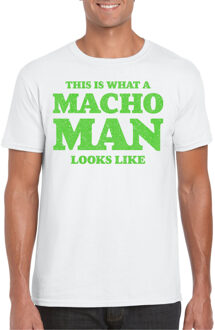 Bellatio Decorations Foute party t-shirt voor heren - macho man - wit - glitter groen - carnaval/themafeest