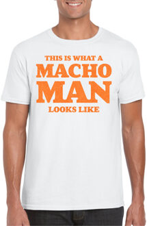 Bellatio Decorations Foute party t-shirt voor heren - macho man - wit - glitter oranje - carnaval/themafeest L