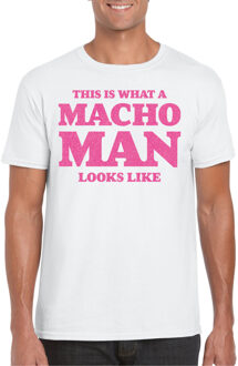 Bellatio Decorations Foute party t-shirt voor heren - macho man - wit - glitter roze - carnaval/themafeest