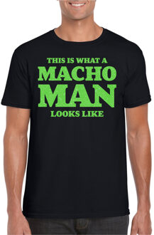 Bellatio Decorations Foute party t-shirt voor heren - macho man - zwart - glitter groen - carnaval/themafeest