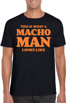 Bellatio Decorations Foute party t-shirt voor heren - macho man - zwart - glitter oranje - carnaval/themafeest