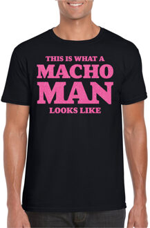 Bellatio Decorations Foute party t-shirt voor heren - macho man - zwart - glitter roze - carnaval/themafeest 2XL