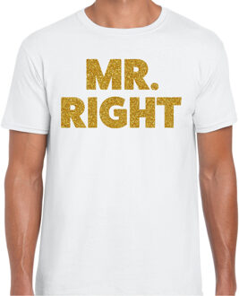 Bellatio Decorations Foute party t-shirt voor heren - mister right - wit - glitter goud - carnaval/themafeest