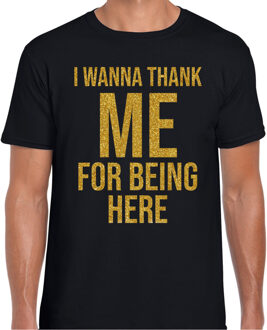 Bellatio Decorations Foute party T-shirt voor heren - zwart - glitter goud - I wanna thank me for being here Goudkleurig