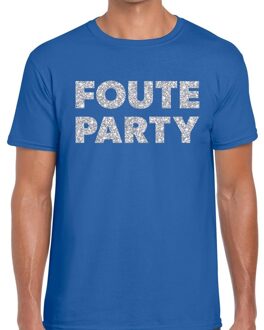 Bellatio Decorations Foute party tekst t-shirt - blauw - voor heren - met zilver glitters print - feestkleding