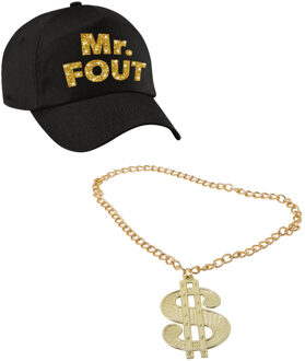 Bellatio Decorations Foute party verkleed accessoires voor heren - MR FOUT baseballcap - Ketting met dollar teken