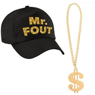 Bellatio Decorations Foute party verkleed accessoires voor heren - MR FOUT baseballcap - Ketting met dollar teken