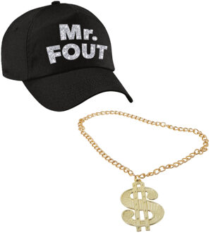 Bellatio Decorations Foute party verkleed accessoires voor heren - MR FOUT baseballcap - Ketting met dollar teken