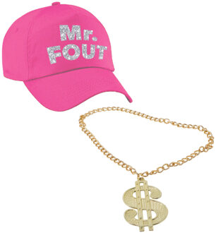 Bellatio Decorations Foute party verkleed accessoires voor heren - MR FOUT baseballcap - Ketting met dollar teken
