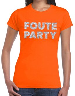 Bellatio Decorations Foute Party verkleed t-shirt - zilveren glitter tekst - oranje - voor dames - Party kleding