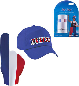 Bellatio Decorations Frankrijk supporters set - baseballcap blauw - met vlag schminkstift - foamhand - volwassenen - land