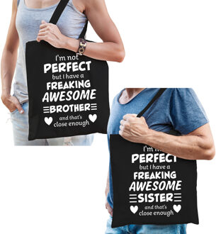 Bellatio Decorations Freaking Awesome Brother en Sister tasje zwart - Cadeau Broer en Zus