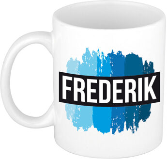 Bellatio Decorations Frederik naam cadeau koffie mok - beker - met blauw verfstrepen - Cadeau collega - vaderdag