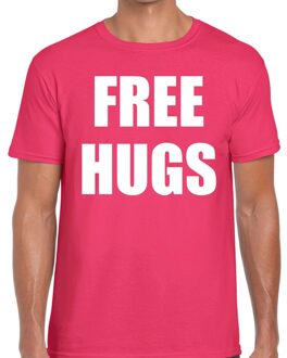 Bellatio Decorations Free hugs tekst t-shirt roze heren L