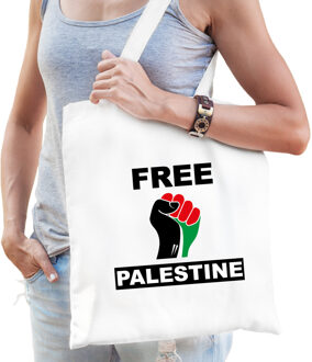 Bellatio Decorations Free Palestine katoenen tasje wit heren - Palestina tas met Palestijnse vlag in vuist