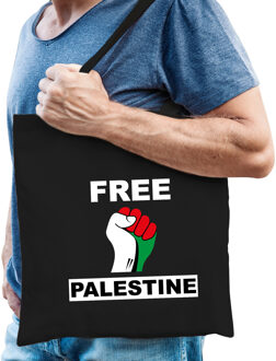 Bellatio Decorations Free Palestine katoenen tasje zwart heren - Palestina tas met Palestijnse vlag in vuist
